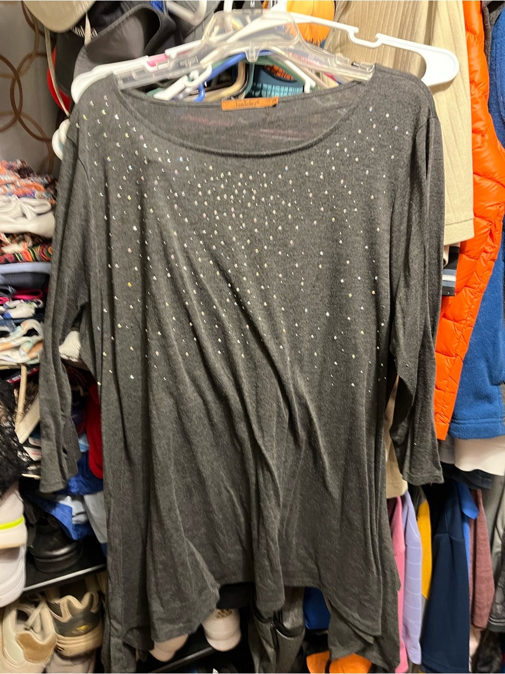Belldini Charcoal Gray Rhinestone Accent Long Sleeve Tunic